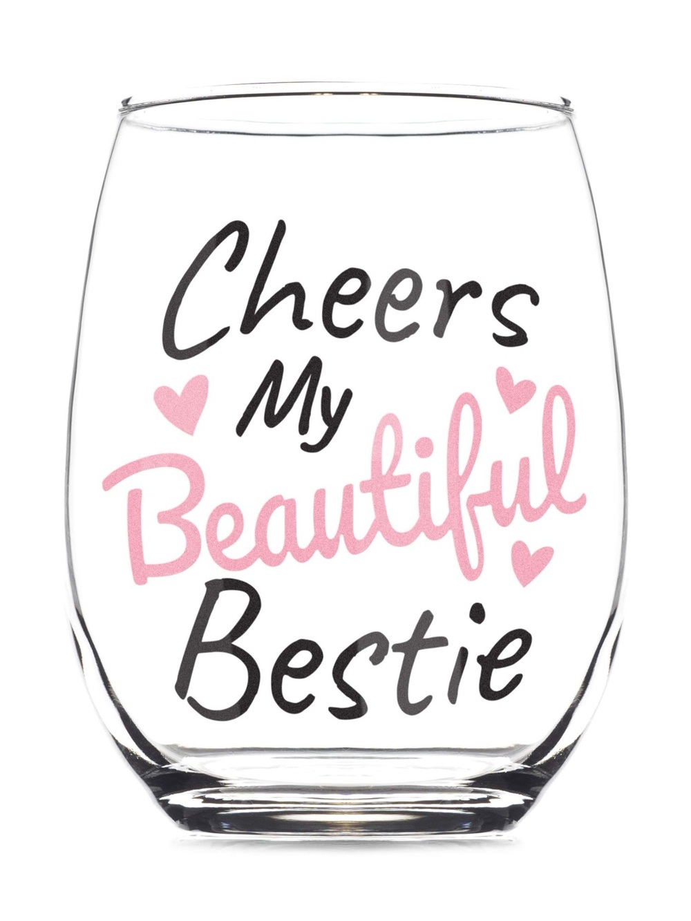 Stemless Wine Glass - 'Cheers My Beautiful Bestie' in Pink and Black NWT